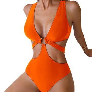 NWT Women's Deep V Neck One Piece Swimsuit Sexy Cut Out Bathing Suit SZ L